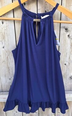 NWT Michael Kors Women Navy Blue Halter Blouse Top Ruffle Gold Layering Size L